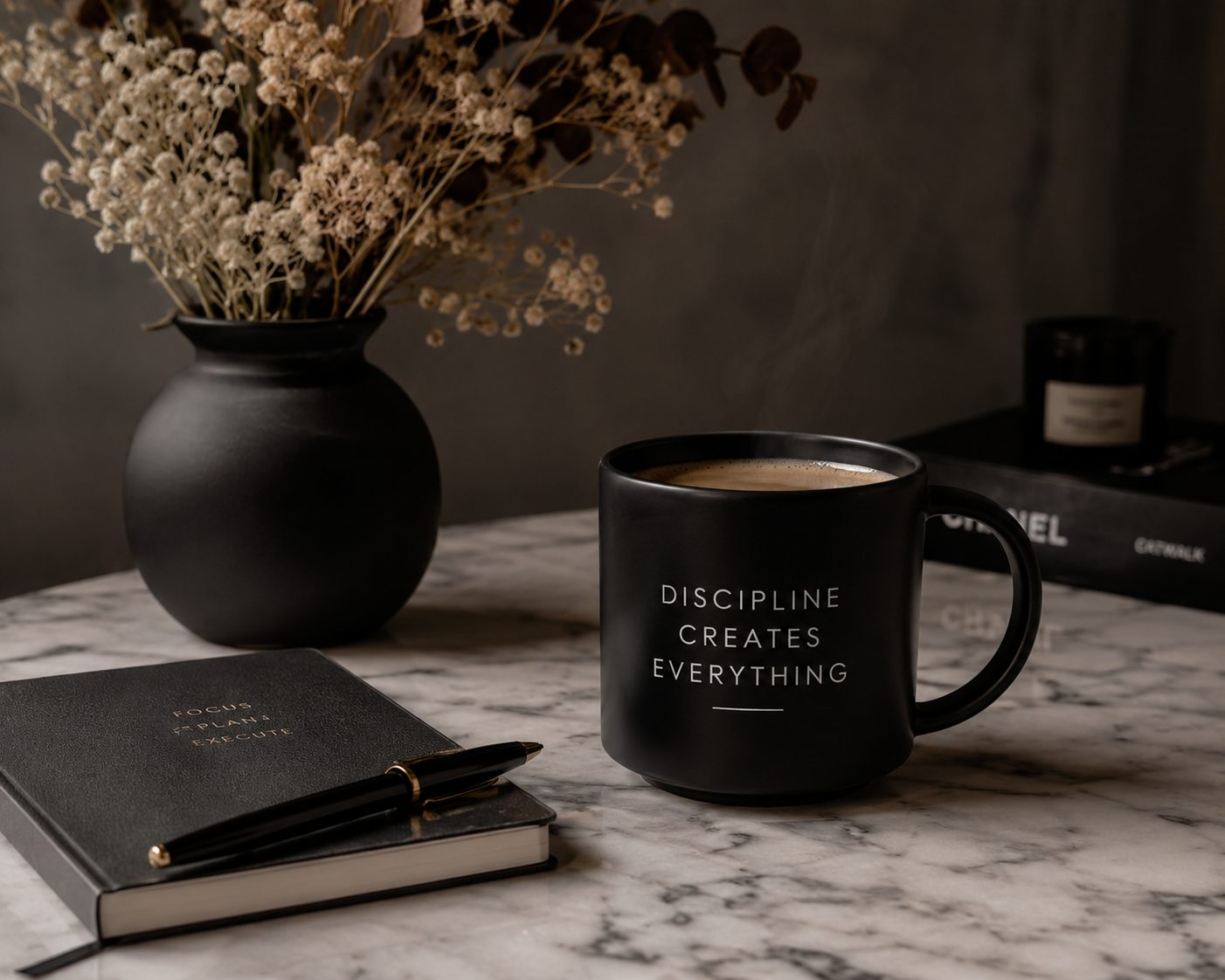 Black mug reading Discipline Creates Everything, with florals and a pen
