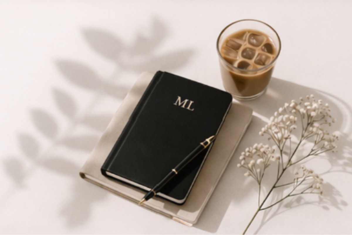 Lifestyle — notebook, coffee, and florals on a tray
